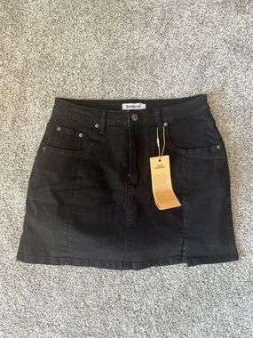 Black Denim Mini Skirt with Subtle Front Slit